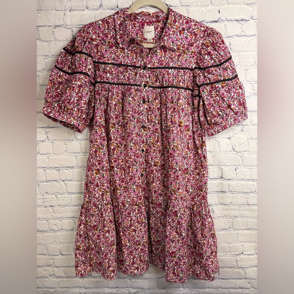 Anthro Maeve Leandra Floral Festival Boho Western Shirred Yoke Mini Dress L